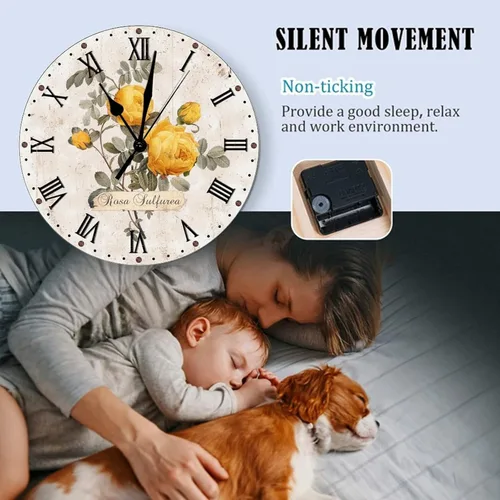 Vista 6 de Reloj de pared silencioso de 10 pulgadas con diseño floral de amistad, con rosas amarillas, funciona con pilas, para dormitorio, para escuela