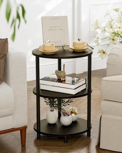 Vista 7 de Mesa auxiliar redonda pequeña – Mesa decorativa ovalada de 3 niveles para espacios pequeños, mesa auxiliar de sofá de madera rústica y metal, mesita