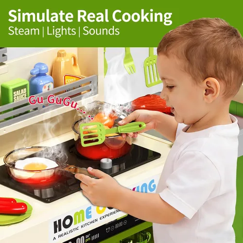 Vista 2 de Pupu Pig Juego de cocina para niños, cocina de juego con estufa de juguete, parrilla, fregadero, comida de juguete, accesorios de cocina, juego