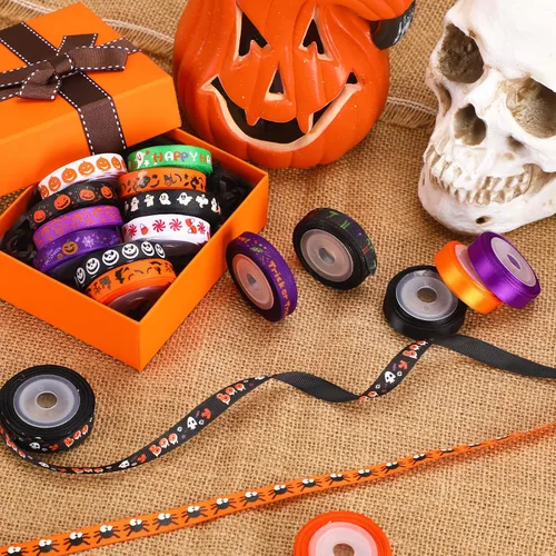 Vista 6 de SANNIX 18 rollos de cinta de Halloween de 90 yardas, cintas de grogrén impresas de 3/8 pulgadas de ancho, tela de manualidades para decoración
