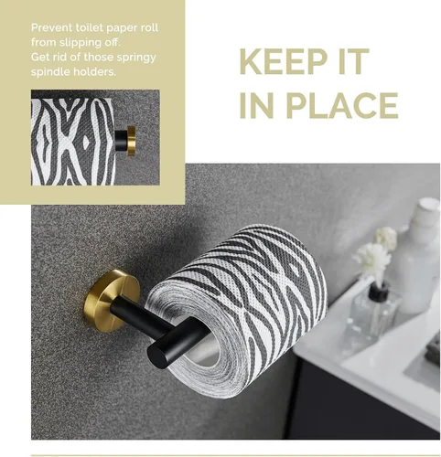 Vista 5 de Soporte de papel higiénico negro y dorado, colgador de papel higiénico de acero inoxidable para baño, dispensador de rollos de papel de tocador
