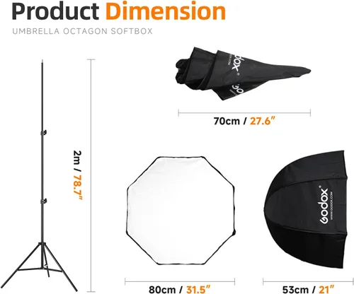 Vista 2 de Godox Photo Studio 80 cm 31.5 pulgadas Sombrilla octogonal portátil Softbox, soporte de trípode de 190 cm con soporte para zapata caliente