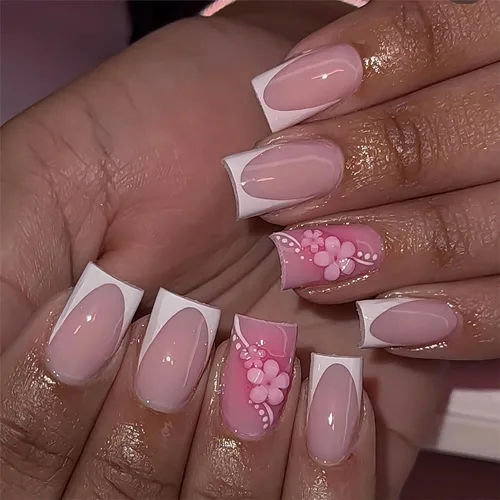 Vista 21 de 24 uñas postizas cortas a presión, color rosa RTKHFZE con diseño de mariposa blanca y diamantes de imitación, uñas postizas cuadradas de cobertura