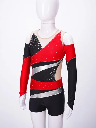 Vista 16 de JEATHA Conjunto de 2 piezas de leotardo de gimnasia de manga larga con hombros descubiertos y pantalones cortos atléticos para niñas