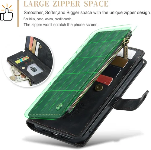 Vista 4 de CaseMe - Funda tipo cartera para iPhone 15 Pro Max, multifunción, hecha a mano, de piel sintética, con cremallera, a prueba de golpes, con cierre