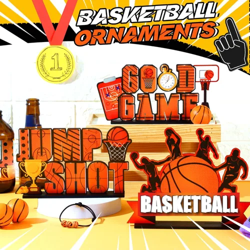 Vista 3 de 6 piezas de decoración de mesa de baloncesto para fiesta de cumpleaños de baloncesto, adornos de madera, centros de mesa para cumpleaños, baby shower