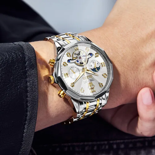 Vista 43 de OLEVS Reloj de pulsera automático con diseño de esqueleto para hombre, de lujo, con diamantes de lujo, de acero inoxidable, calendario, reloj