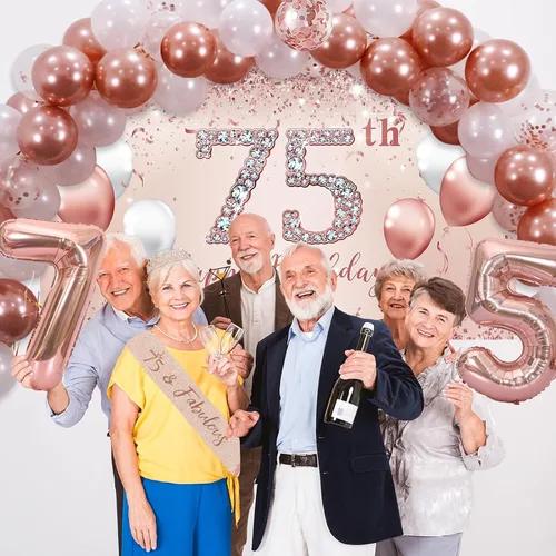 Vista 7 de Juego de arco de globos de decoración de cumpleaños número 75 de oro rosa para mujer 75th Birthday Banner and Party Tablecloth, Belt and Tiara