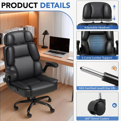 Vista 4 de Cómoda silla de oficina con reposacabezas ajustable, silla de escritorio ejecutiva de cuero con soporte lumbar, función mecedora, silla ergonómica