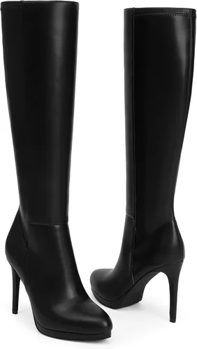 Vista 3 de Modatope Botas altas hasta la rodilla para mujer, botas de plataforma con punta puntiaguda, botas altas de tacón alto de aguja de 4 pulgadas, botas