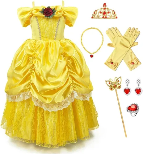 Vista 66 de FMYFWY Disfraz de princesa de Bella para niñas, disfraz de belleza y bestia, Halloween, Navidad, boda, cumpleaños (accesorios)