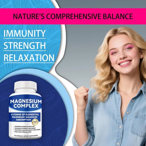 Vista 3 de Complejo de magnesio de 1000 mg con 8 formas: glicinato, citrato, malato, taurato para absorción, apoya hueso, músculo, energía y recuperación