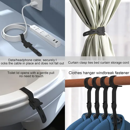 Vista 4 de 12 bridas reutilizables de silicona, 10 x 0.6 pulgadas, color negro Extendable Cord Organizer for Bundling Electrical Wires, Adjustable Luggage