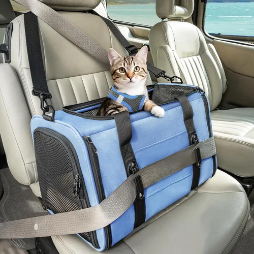 Vista 10 de PETSFIT Transportador de gatos de lados suaves con hebillas de seguridad patentadas, cremalleras bloqueables y correa de seguridad, transportador