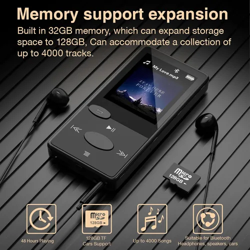 Vista 8 de Reproductor MP3 con sonido Bluetooth 5.3 HiFi, reproductor de MP3 con radio FM, mini reproductor de música de 32 GB para niños adultos, auriculares