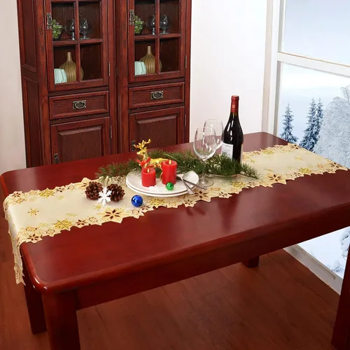 Vista 6 de Caminos de mesa bordados con copos de nieve para Navidad e invierno (dorado, 14 x 90 pulgadas)