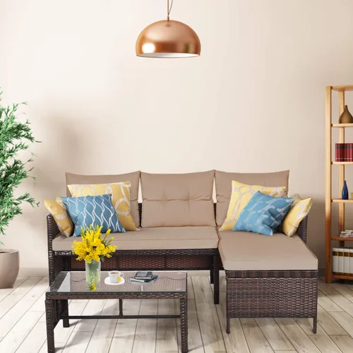 Vista 4 de Tangkula juego de sofá de esquina para patio de 3 piezas, juego de sofá de ratán para exteriores, incluye chaise lounge, sofá doble y mesa auxiliar