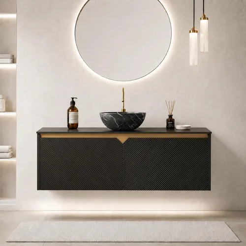 Vista 21 de Vanidad de baño flotante de 24 pulgadas con fregadero, gabinete estriado Fregadero de cerámica negro + negro