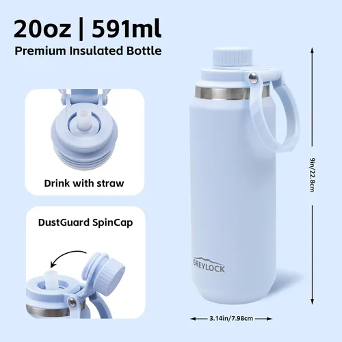 Vista 7 de Greylock Botella de agua aislada de 20 onzas con tapa con pajilla, botellas de agua deportivas reutilizables de acero inoxidable con asa plegable, a