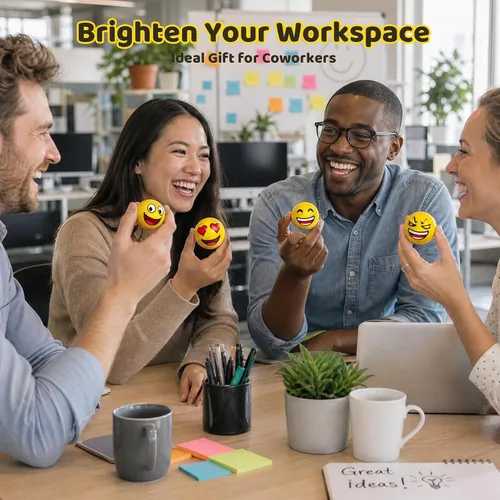Vista 7 de LovesTown Mini bolas antiestrés, 36 bolas de 2 pulgadas con cara sonriente para apretar, color amarillo, divertidas, de espuma, juguetes
