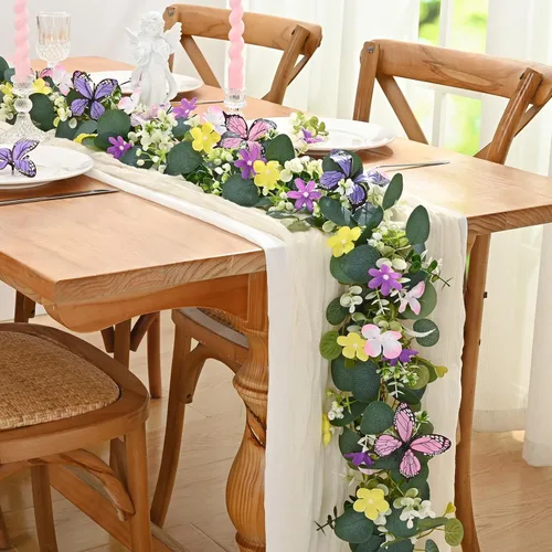 Vista 6 de Waipfaru 2 guirnaldas de eucalipto con margaritas 3D, guirnalda verde con flores, hojas de eucalipto artificiales de 5.9 pies, enredaderas