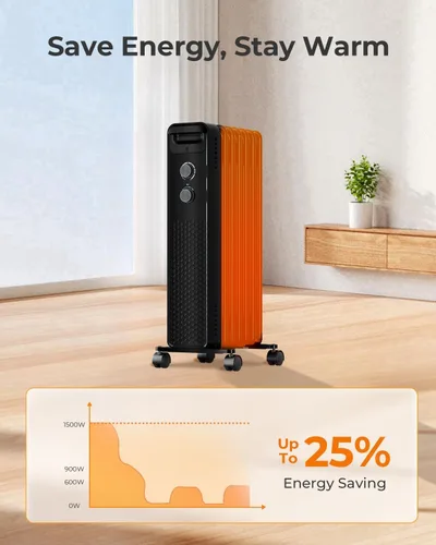 Vista 7 de ZAFRO 1500 W Calentador Eléctrico de Radiador Lleno de Aceite con Termostato Ajustable, Protección Contra Sobrecalentamiento y Vuelco, Bajo Nivel