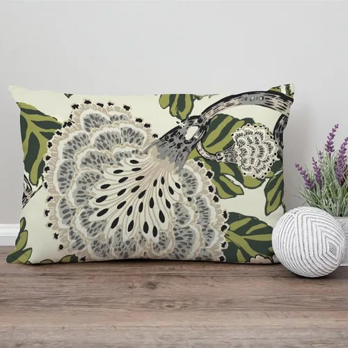 Vista 169 de ArogGeld Funda de cojín con flores verdes y blancas con flores grises y negras y hojas verdes en estilo chinoiserie, funda de almohada cuadrada