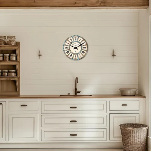 Vista 5 de Reloj de pared de madera retro de granja, funciona con pilas, pequeño reloj de pared decorativo de 10 pulgadas para sala de estar, cocina
