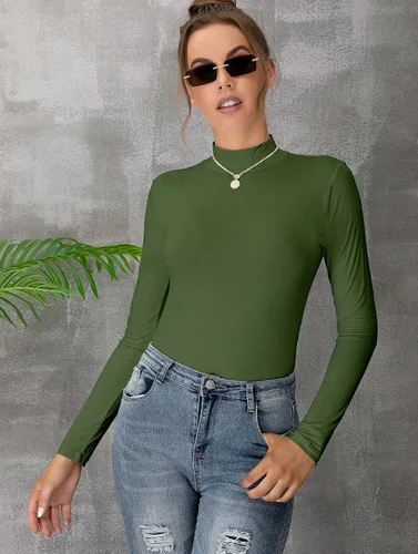 Vista 3 de Camiseta Top sin Mangas de Manga Larga para Mujer, Cuello de Tortuga Simulado, Básica, Ajuste Elástico, Suéter Ligero, Camisa Entallada Verde militar