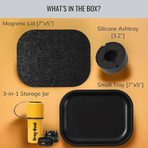 Vista 2 de Juego de Bandeja Rodante Negra con Tapa Magnética 7"x5" - Accesorios para Fumar de Gray Oval