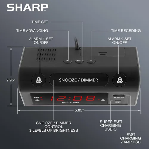 Vista 3 de Reloj de Alarma Sharp para Dormitorios, Carga USB-C Super Rápida y Carga USB de 2 Amperios Rápida, 2 Alarmas, Atenuador de 3 Pasos, Función Reposo