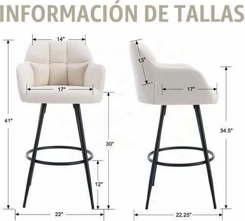 Vista 2 de ROCITY Juego de 2 taburetes de bar de terciopelo con respaldo, silla de bar beige para isla de cocina, taburetes de bar modernos con patas de metal