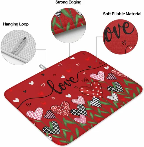 Vista 2 de Tapete de secado floral de corazón para el día de San Valentín para encimera de cocina, tapete absorbente de microfibra para escurridor