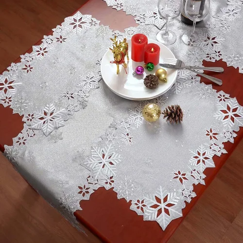 Vista 7 de Caminos de mesa bordados con copos de nieve para Navidad e invierno (plata, 14 x 34 pulgadas)