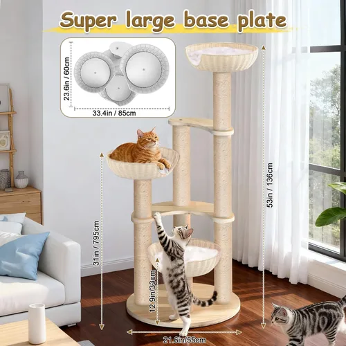 Vista 5 de Tinnmao Torre de árbol de madera maciza para gatos grandes, árbol de madera para gatos de 53 pulgadas con poste rascador cubierto de sisal natural
