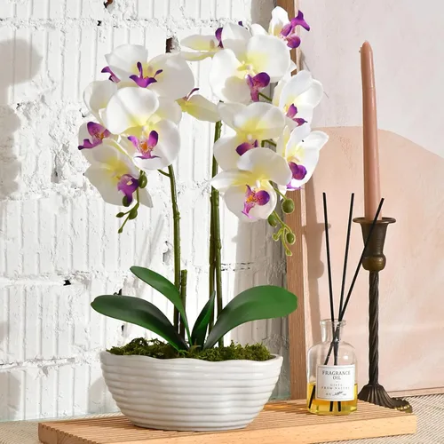 Vista 13 de Planta de orquídea artificial grande en maceta, arreglo floral de seda con jarrón de cerámica, morado oscuro