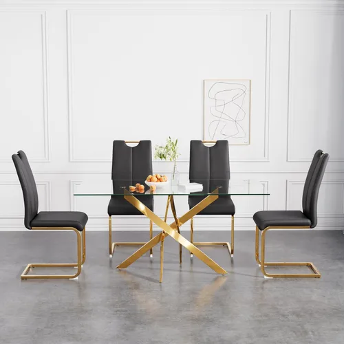 Vista 24 de Juego de mesa de comedor de 36 pulgadas para 4, moderna parte superior cuadrada de vidrio templado, mesa de patas de acero inoxidable con acabado