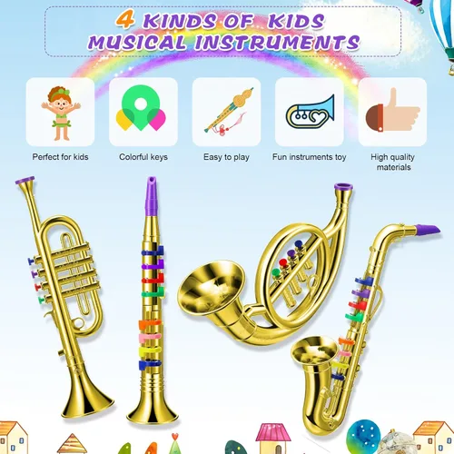 Vista 3 de Treela Juego de 4 instrumentos musicales para niños, clarinete de juguete saxofón, trompeta y trompeta para principiantes con más de 10 teclas