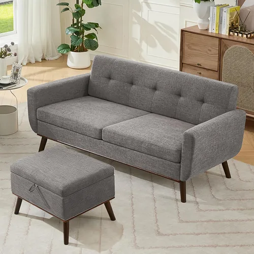 Vista 8 de Kingfun Juegos de muebles de sala de estar, estándar y otomano, sofás de decoración moderna de mediados de siglo, muebles tapizados con botones Beige