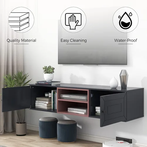 Vista 4 de YardGo Soporte flotante de TV para televisores de hasta 65 pulgadas, armario de TV montado en la pared con 2 puertas magnéticas y 2 estantes