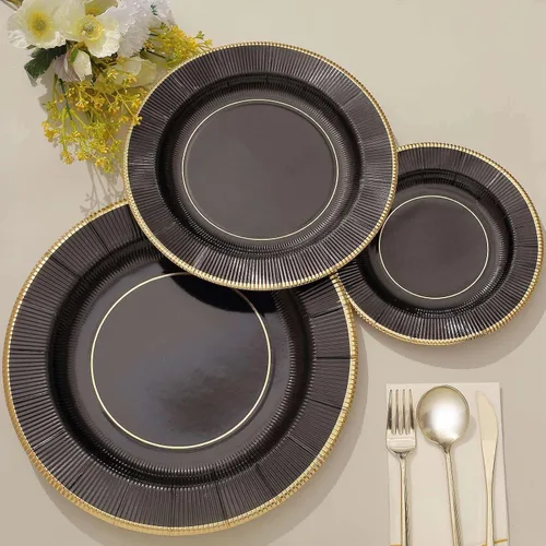 Vista 6 de Efavormart 25 Pack Platos de papel para servir y cenar de 10" en negro metálico con rayos de sol, platos desechables para fiestas - 350 GSM