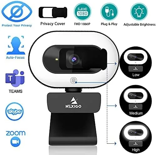 Vista 7 de NexiGo StreamCam N930E con software, cámara web de 1080P con luz de anillo y cubierta de privacidad, enfoque automático, Plug and Play, cámara web