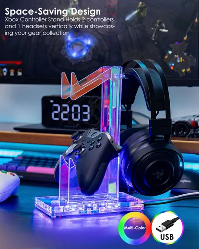 Vista 51 de OAPRIRE Headset and Controller Stand with Lights, 2 Tier Acrylic Game Controller Holder, Controller and Headset Stand for Desktop,Universal Design
