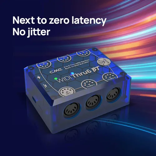 Vista 6 de CME WIDI Thru6 BT - MIDI Thru/Split de 2 entradas y 6 salidas con DIN de 5 pines y MIDI Bluetooth - tecnología a prueba de futuro, transferencia