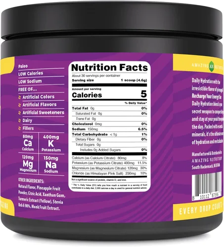 Vista 2 de Amazing Nutrition Hidratación diaria, polvo de electrolitos, 30 porciones, empaquetado con minerales esenciales, sin azúcar, apto para dieta