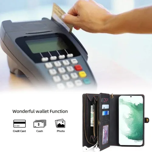 Vista 6 de Asuwish Funda de teléfono para Samsung Galaxy S22 Plus S22+ 5G con cremallera, funda desmontable con protector de pantalla y tarjetero de cuero
