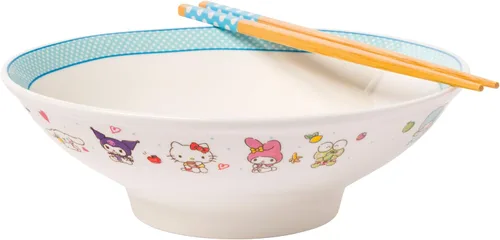 Vista 95 de Silver Buffalo Hello Kitty y sus amigos Chococat - Tazón de cerámica para ramen y arroz con palillos, patrón a cuadros, apto para microondas, 20