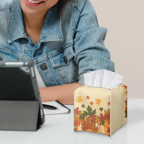 Vista 6 de Veniyate Caja de pañuelos con estampado de hojas de otoño, organizador cuadrado de piel sintética para baño, encimera de tocador, mesitas de noche