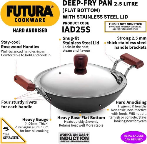 Vista 2 de Futura freidora con anodizado duro (Kadhai) con tapa de acero y parte inferior plana, Negro