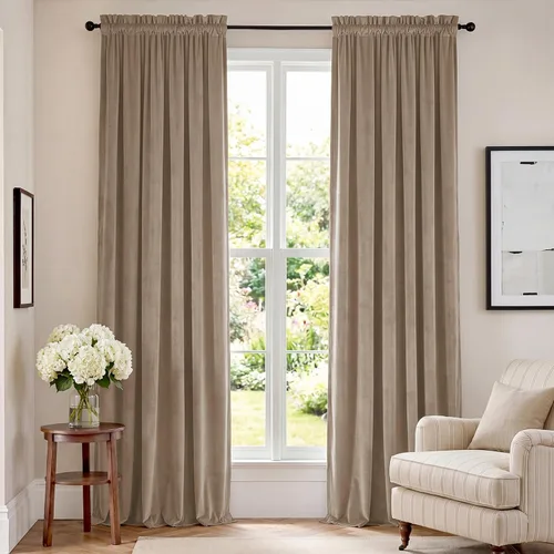 Vista 70 de Lazzzy Cortinas opacas de terciopelo beige de 84 pulgadas de largo con aislamiento térmico para oscurecer la habitación, cortinas forradas de lujo